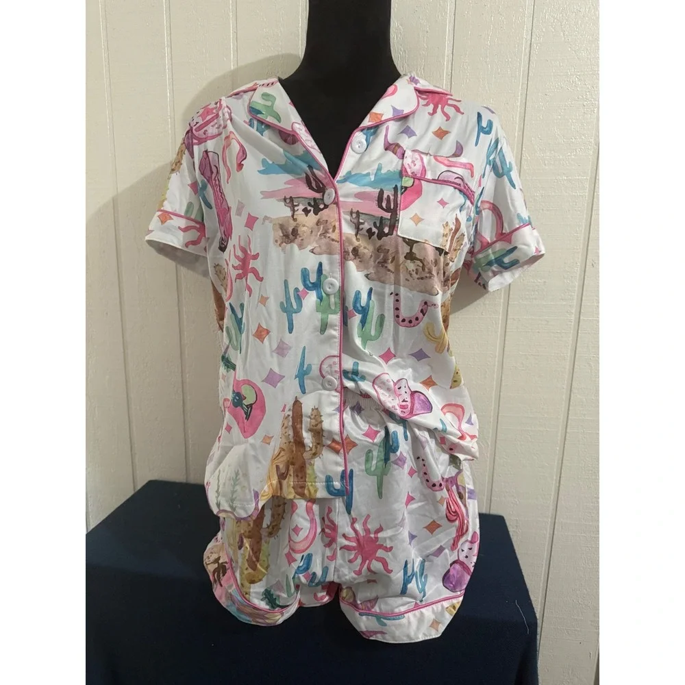 NIB Western Desert Pajama Set Short Sleeve Button Down Shorts Pastel Small